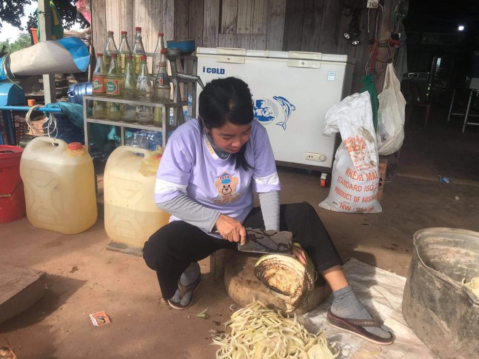 Sok Romonea is slicing up a banana tree to feed her chickens